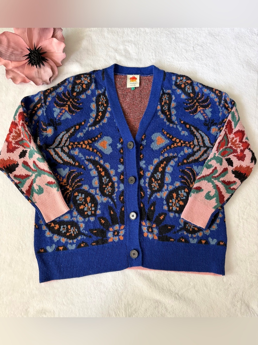 Farm Rio Toucans Scarf Print Cardigan Sweater  Small